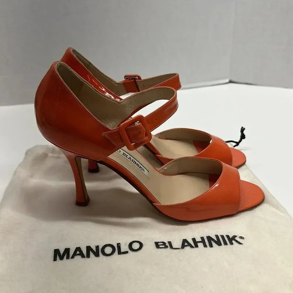 Manolo Blahnik High Heel Shoes Patent Leather Ankle Strap Orange Open Toe 36 - Picture 3 of 11